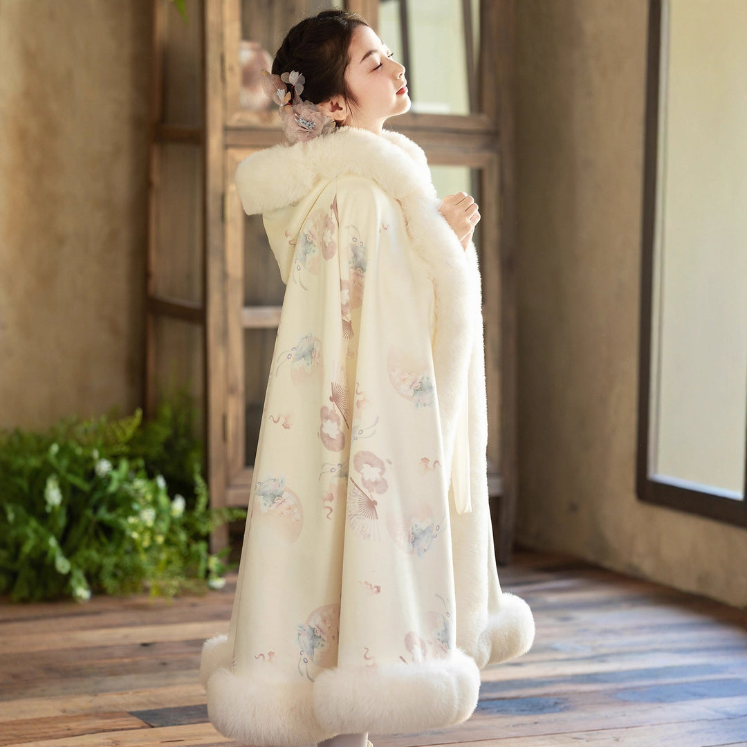 Sea Dragon Dreams girls' cream velvet quilted hooded cloak with faux fur trim and delicate floral pattern