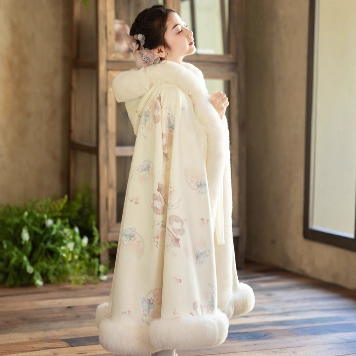 Sea Dragon Dreams girls' cream velvet quilted hooded cloak with faux fur trim and delicate floral pattern