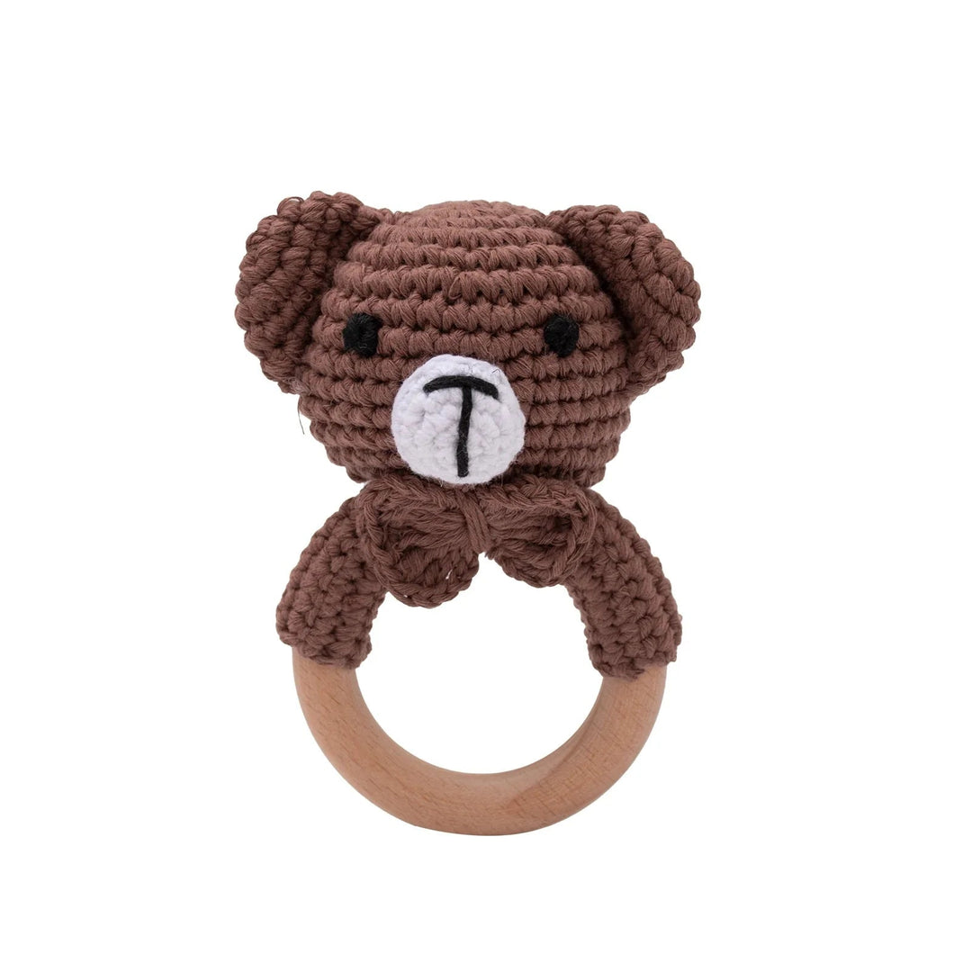 Sea Dragon Dreams brown crochet bear rattle toy with a natural wooden teether ring for infants