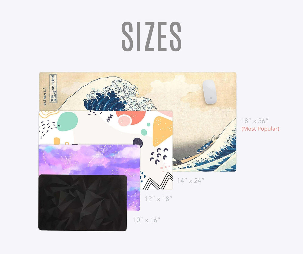 Sea Dragon Dreams custom desk mats in various sizes and artistic designs including The Great Wave and abstract patterns.