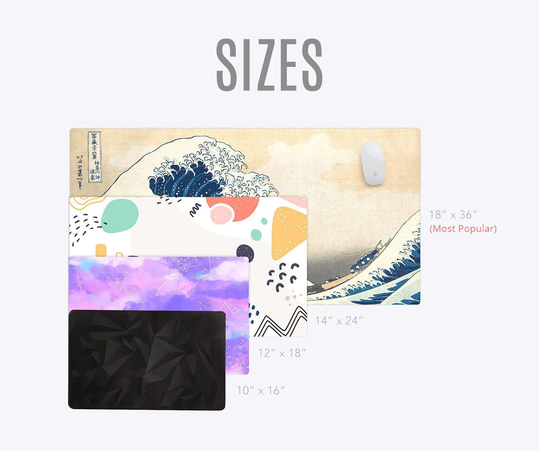Sea Dragon Dreams custom desk mats in various sizes and artistic designs including The Great Wave and abstract patterns.