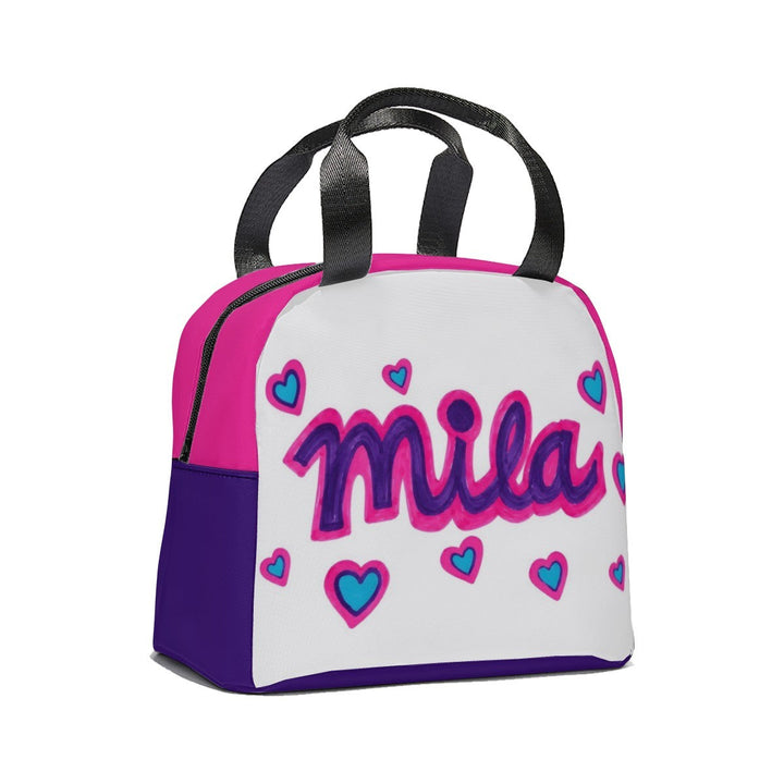 Sea Dragon Dreams custom lunch bag featuring a child's drawing of the name Mila surrounded by blue and pink hearts