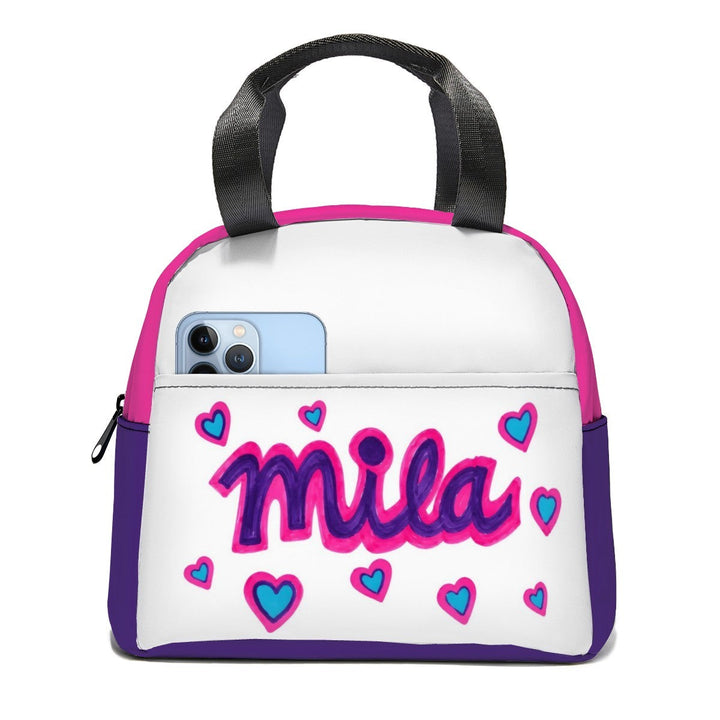 Sea Dragon Dreams custom lunch bag featuring a child's drawing of the name Mila with pink and blue hearts