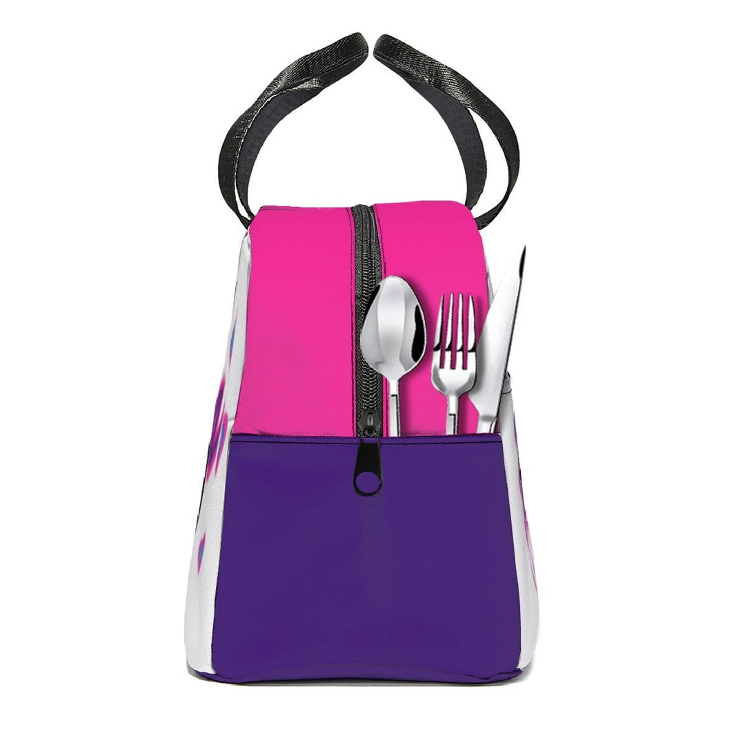 Sea Dragon Dreams custom lunch tote featuring a child's artwork, pink and purple panels, and a front utensil pocket.