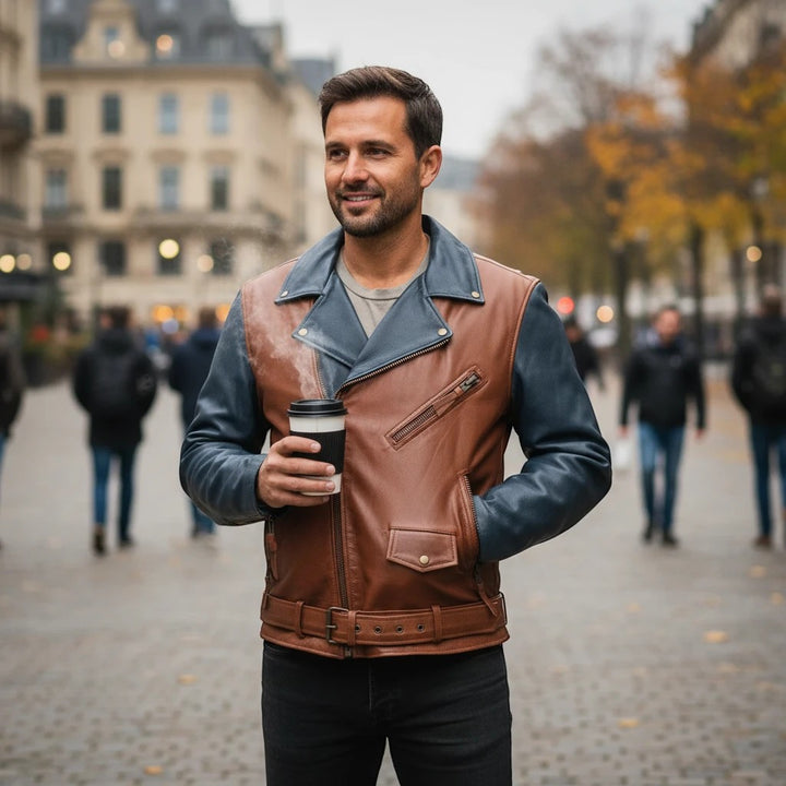Sea Dragon Dreams custom men's motorcycle jacket in two-tone brown and blue leather worn by a man holding coffee.