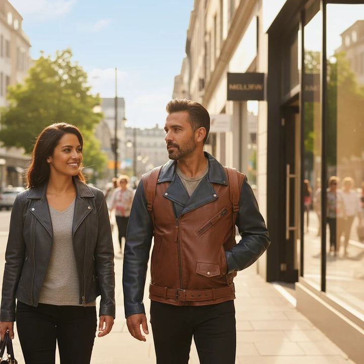 Sea Dragon Dreams custom motorcycle jackets worn by a couple walking down a city street in casual riding style