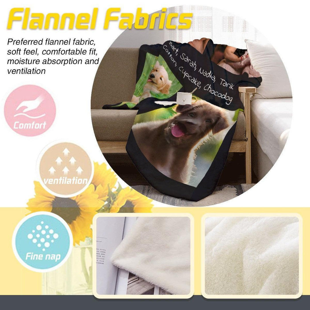 Sea Dragon Dreams custom photo collage throw blanket featuring pet photos and names on soft microfiber flannel fabric.