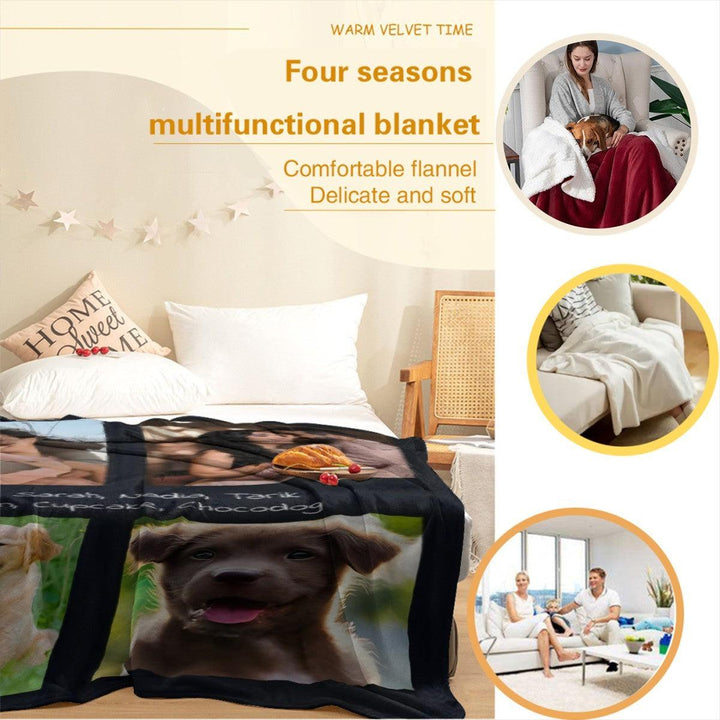Sea Dragon Dreams custom photo collage throw blanket featuring four pet photos and text on a soft microfiber fabric.