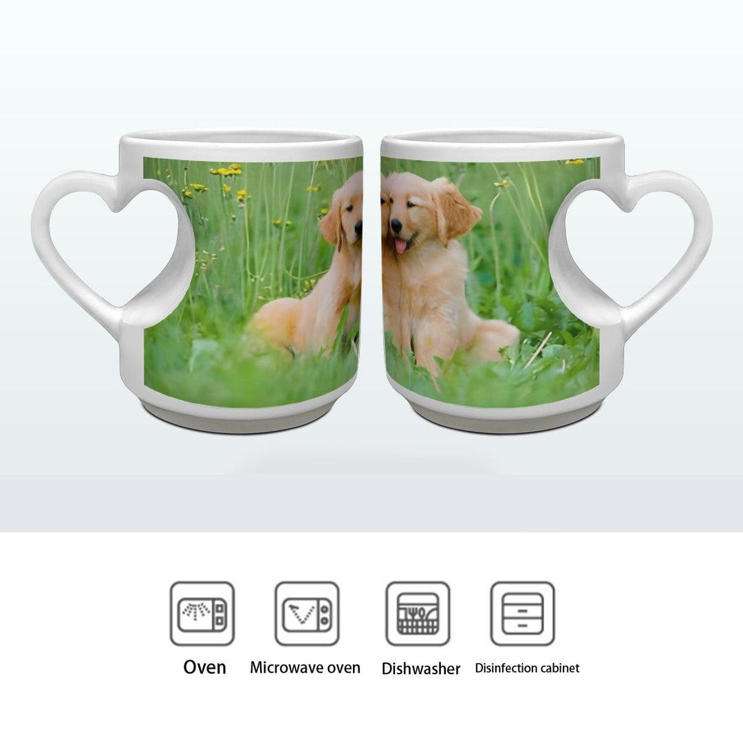 Sea Dragon Dreams custom ceramic mug featuring a puppy photo and a unique white heart-shaped handle