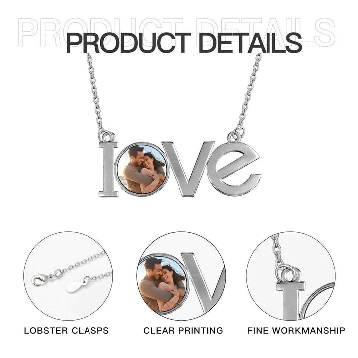 Sea Dragon Dreams silver-tone LOVE pendant necklace featuring a personalized photo charm of a couple
