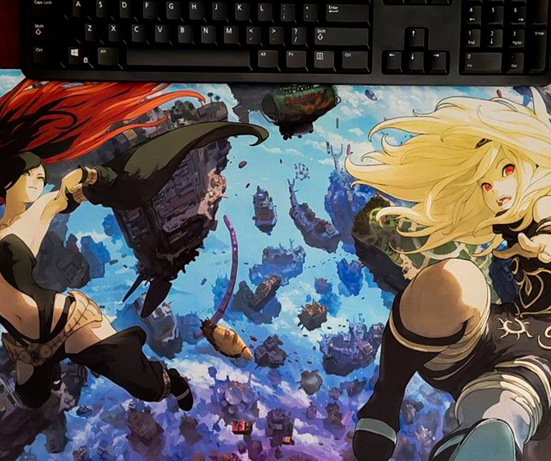 Sea Dragon Dreams custom XL desk mat featuring anime-style characters floating above a fantasy city landscape