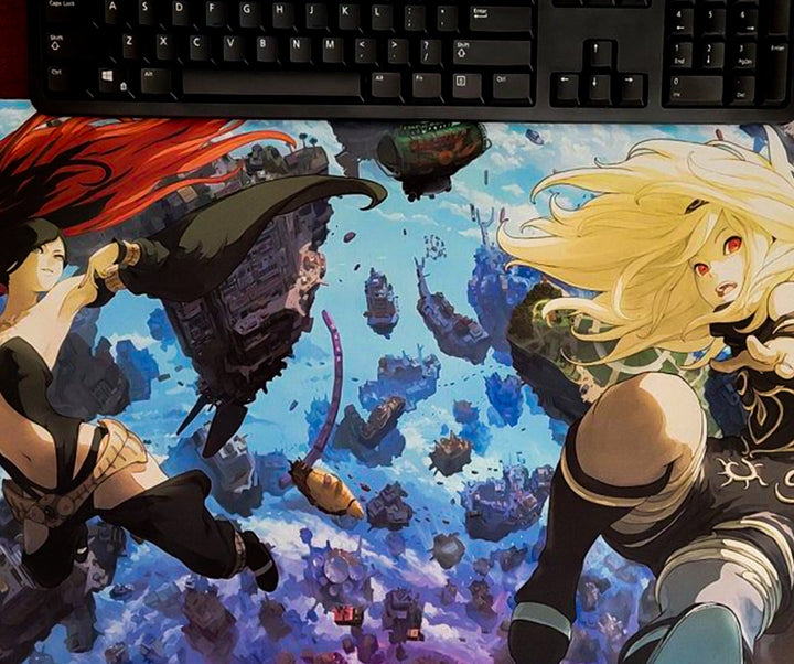 Sea Dragon Dreams custom XL desk mat featuring anime-style characters floating above a fantasy city landscape