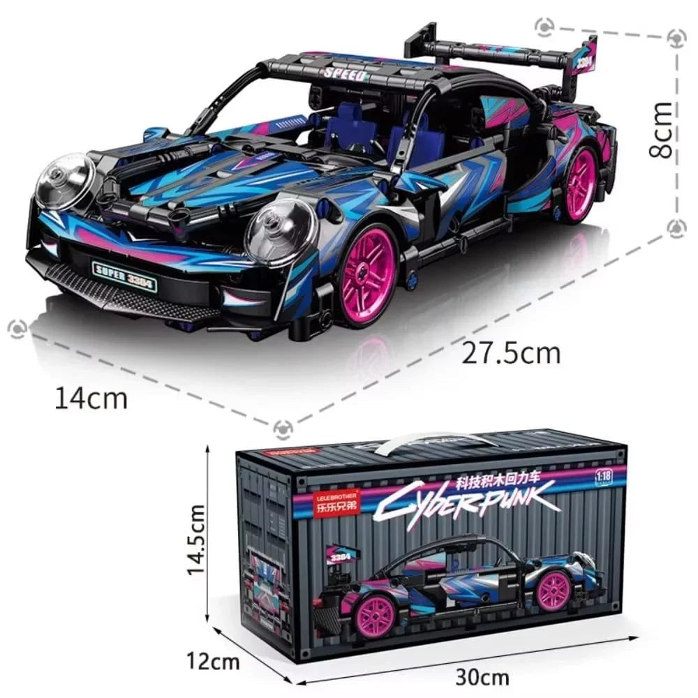 Sea Dragon Dreams 504-piece cyberpunk style building block race car with blue and pink details and display box