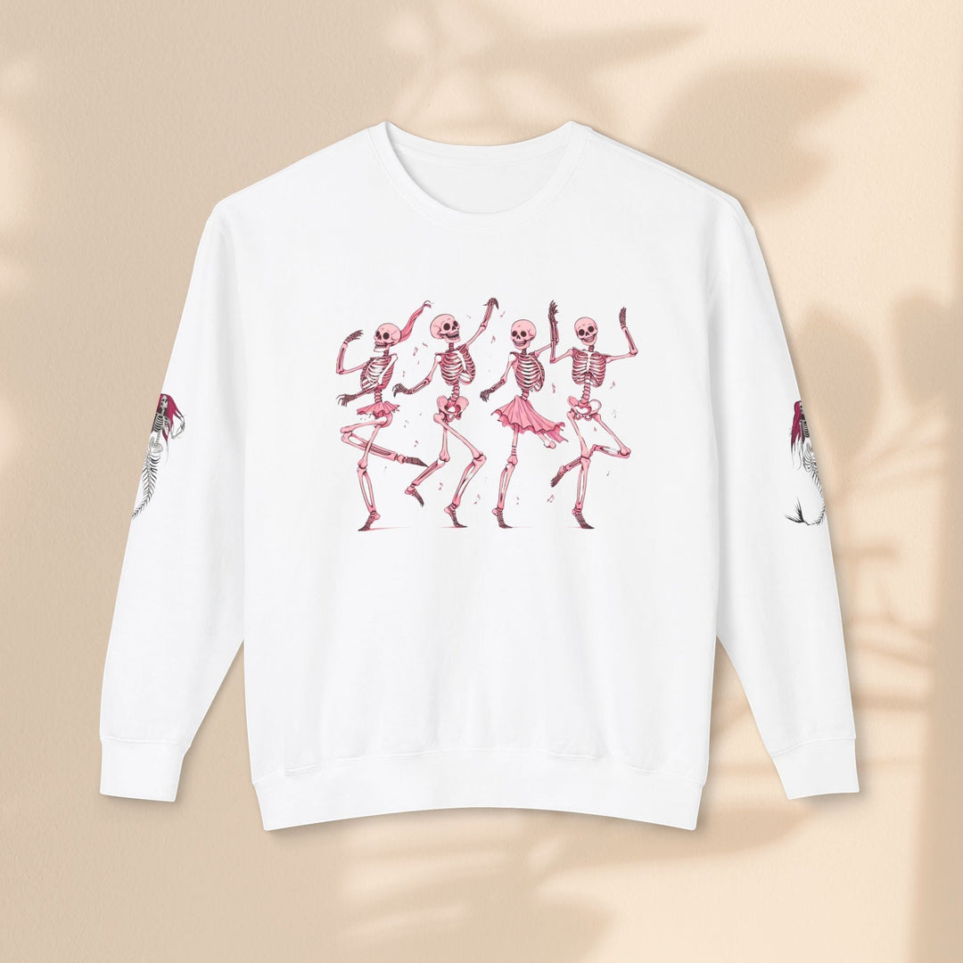 Sea Dragon Dreams white crewneck sweatshirt featuring a graphic of four dancing skeletons in pink ballet skirts.