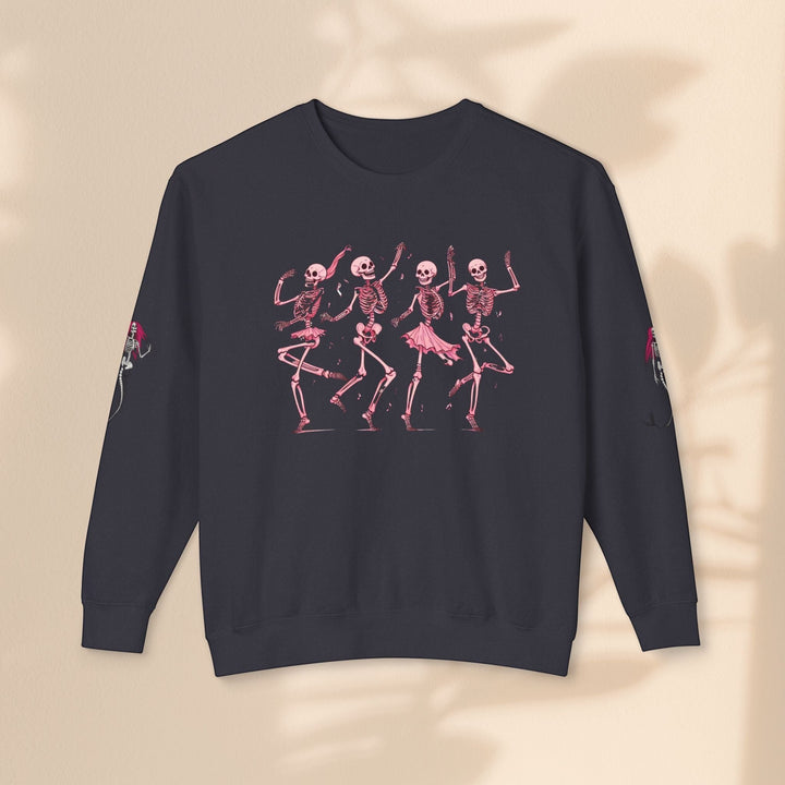 Sea Dragon Dreams unisex black crewneck sweatshirt featuring a pink dancing skeletons graphic on front and sleeves.