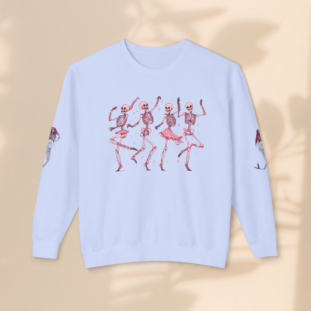 Sea Dragon Dreams light blue crewneck sweatshirt featuring a dancing skeletons graphic and mermaid sleeve details.