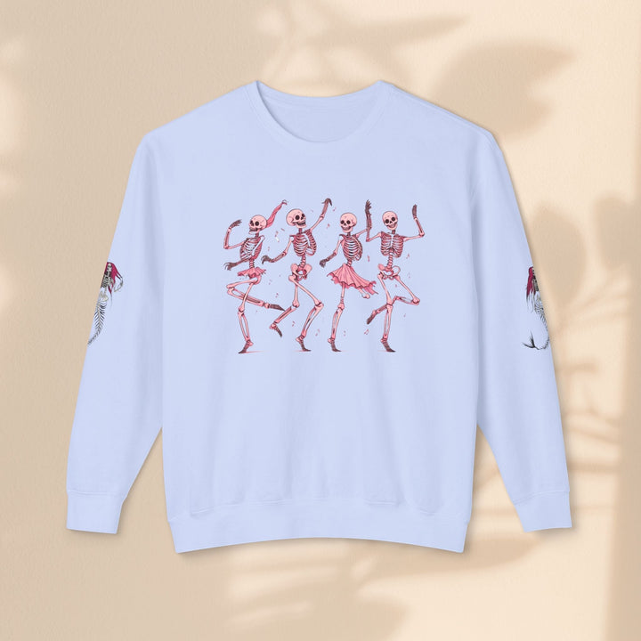 Sea Dragon Dreams light blue crewneck sweatshirt featuring a dancing skeletons graphic and mermaid sleeve details.