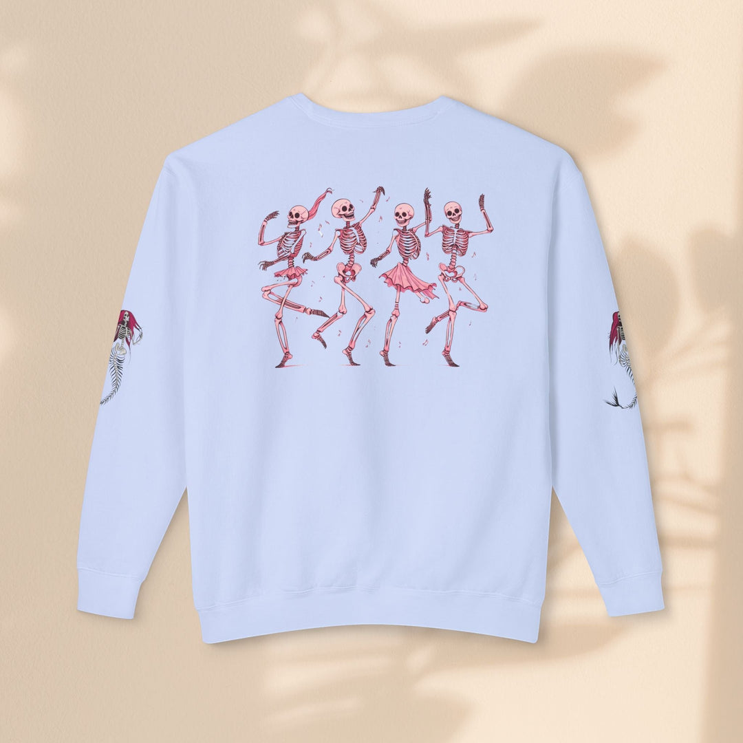 Sea Dragon Dreams light blue crewneck sweatshirt featuring a back print of dancing skeletons and mermaid sleeve art.