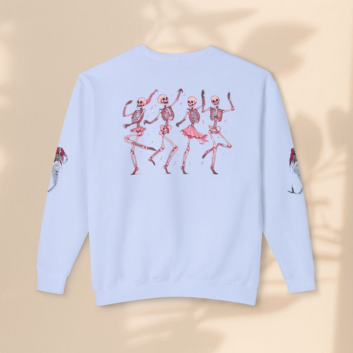 Sea Dragon Dreams light blue crewneck sweatshirt featuring a back print of dancing skeletons and mermaid sleeve art.
