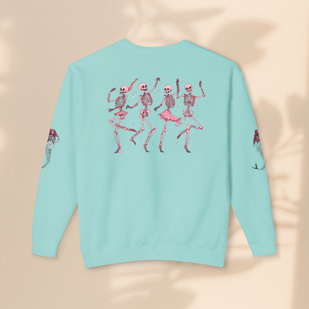 Sea Dragon Dreams light blue crewneck sweatshirt featuring a back print of four dancing skeletons and mermaid sleeves