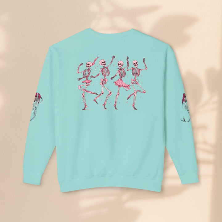 Sea Dragon Dreams light blue crewneck sweatshirt featuring a back print of four dancing skeletons and mermaid sleeves