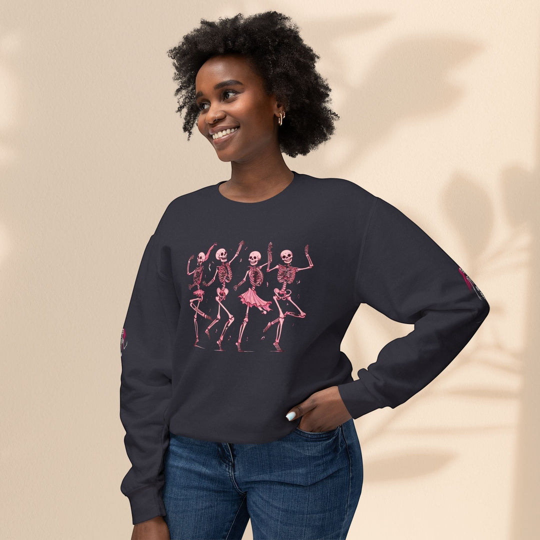 Sea Dragon Dreams unisex crewneck sweatshirt in dark grey with a pink dancing skeletons graphic print on a model