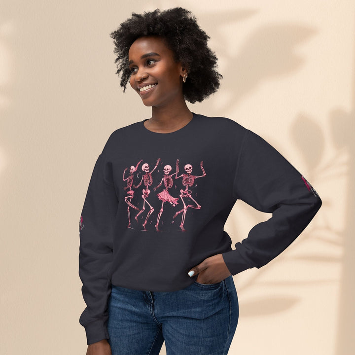 Sea Dragon Dreams unisex crewneck sweatshirt in dark grey with a pink dancing skeletons graphic print on a model