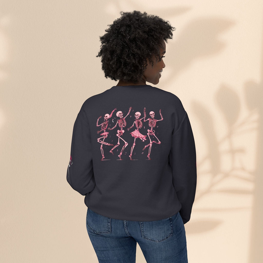 Sea Dragon Dreams unisex crewneck sweatshirt in dark grey with a pink dancing skeletons graphic on the back