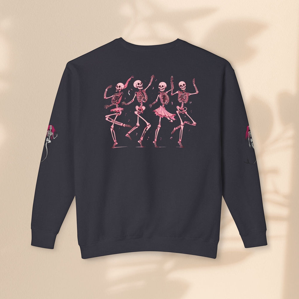 Sea Dragon Dreams unisex black crewneck sweatshirt featuring a back graphic of four dancing pink skeletons.