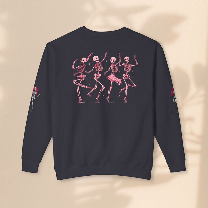 Sea Dragon Dreams unisex black crewneck sweatshirt featuring a back graphic of four dancing pink skeletons.