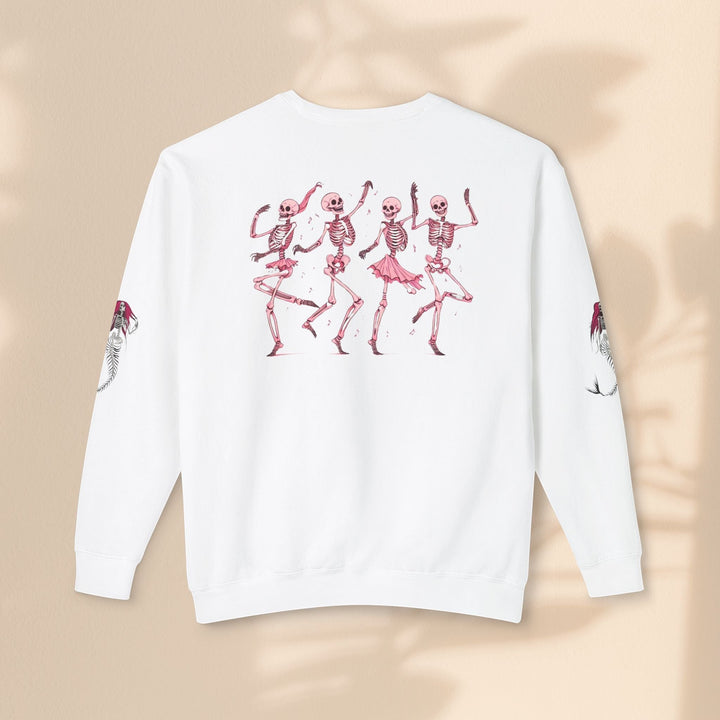 Sea Dragon Dreams white crewneck sweatshirt featuring a pink dancing skeletons graphic on the back and sleeve detail