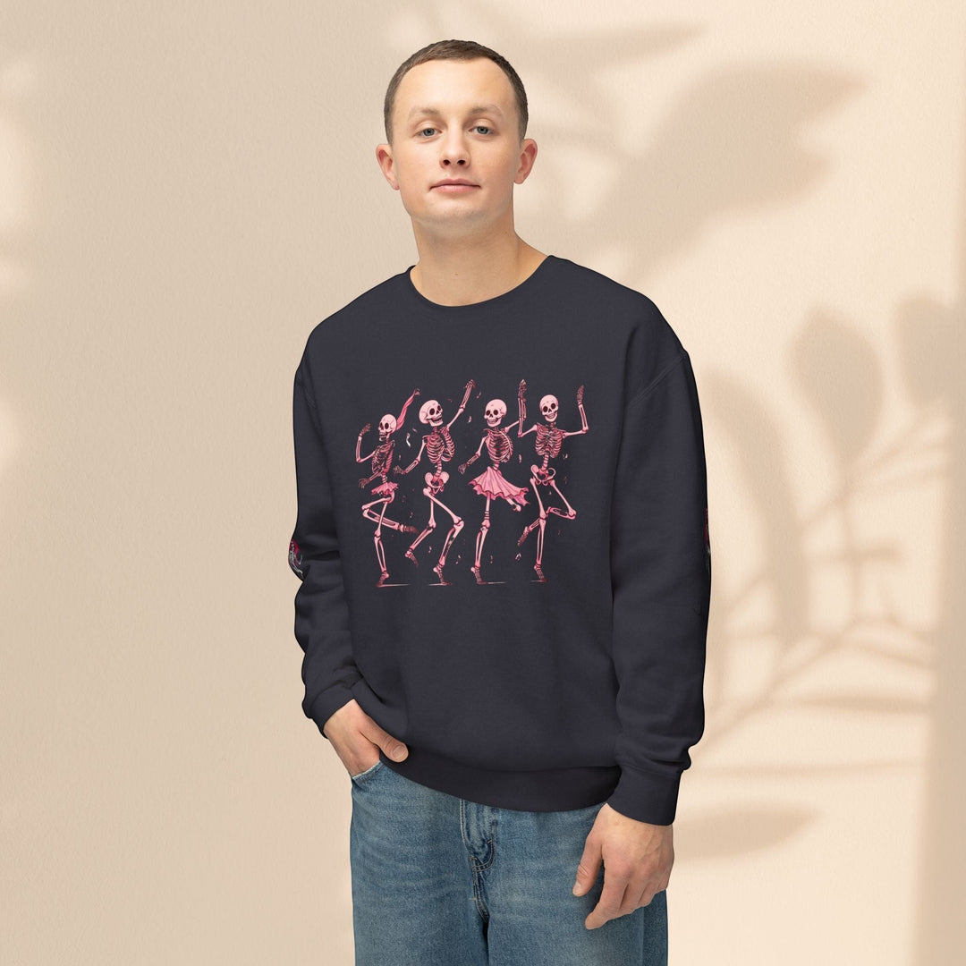 Sea Dragon Dreams unisex crewneck sweatshirt in black with a pink dancing skeletons graphic print on a man.
