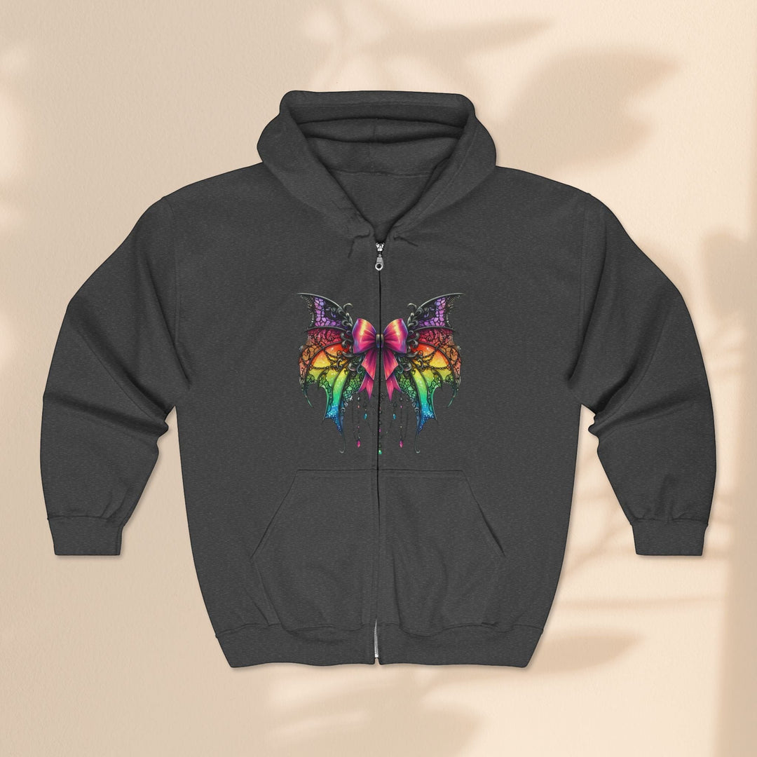Sea Dragon Dreams dark grey full zip hoodie featuring a colourful spider bow graphic with rainbow wing details.