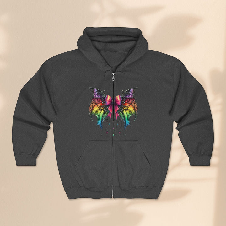 Sea Dragon Dreams dark grey full zip hoodie featuring a colourful spider bow graphic with rainbow wing details.
