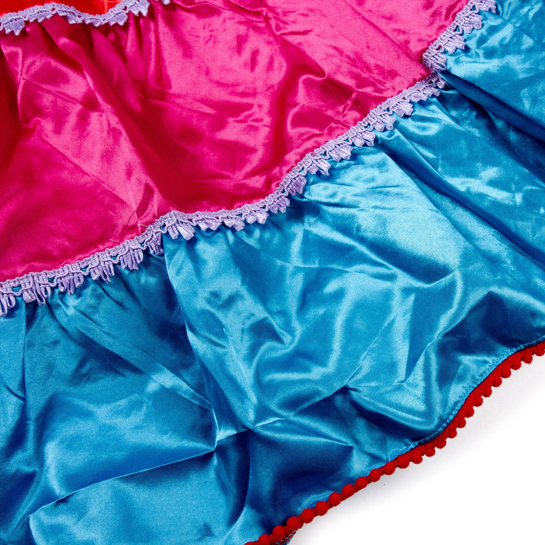 Sea Dragon Dreams Día de los Muertos costume skirt featuring vibrant pink and blue satin ruffles with lace trim