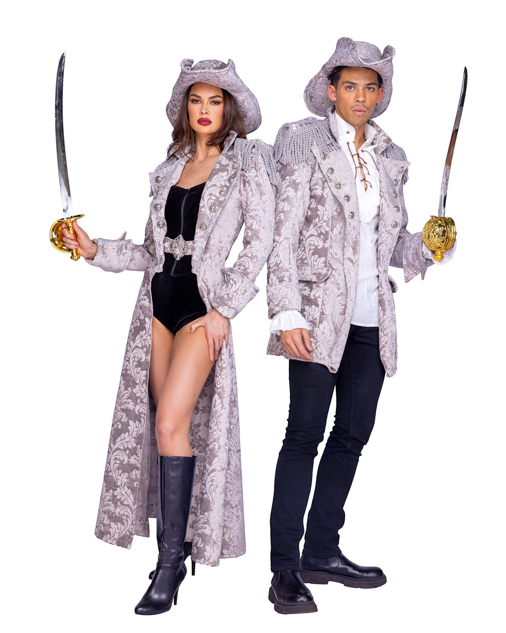 Sea Dragon Dreams deluxe pirate queen and captain costumes featuring embossed grey coats, fringe, and pirate hats.