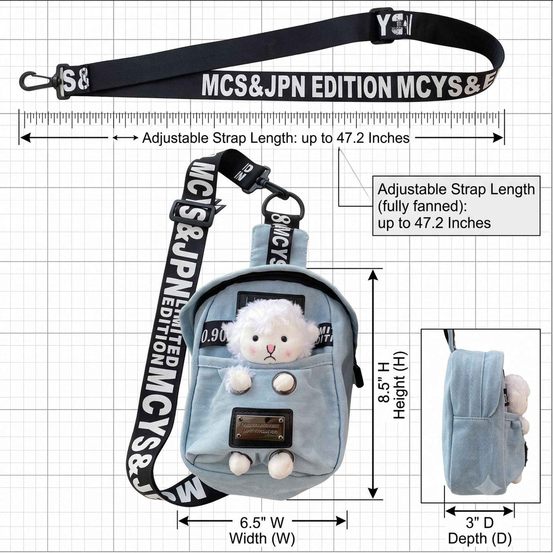 Sea Dragon Dreams kawaii denim crossbody sling bag with a cute sheep charm and adjustable logo strap.