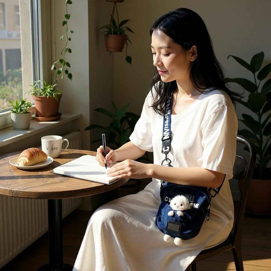Sea Dragon Dreams kawaii denim crossbody sling bag with a cute sheep charm, worn by a woman sitting at a cafe table.