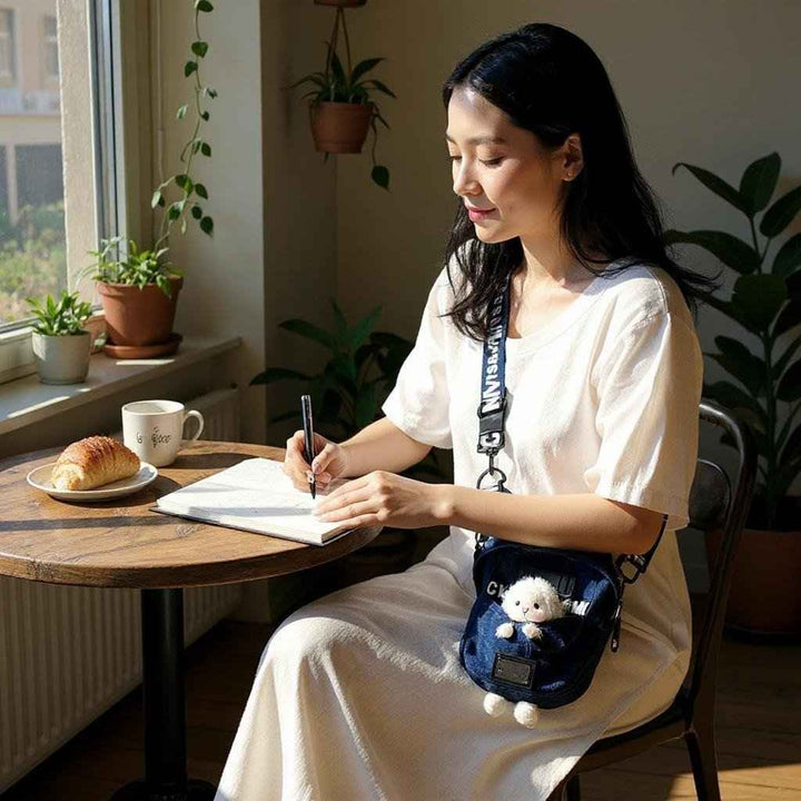 Sea Dragon Dreams kawaii denim crossbody sling bag with a cute sheep charm, worn by a woman sitting at a cafe table.