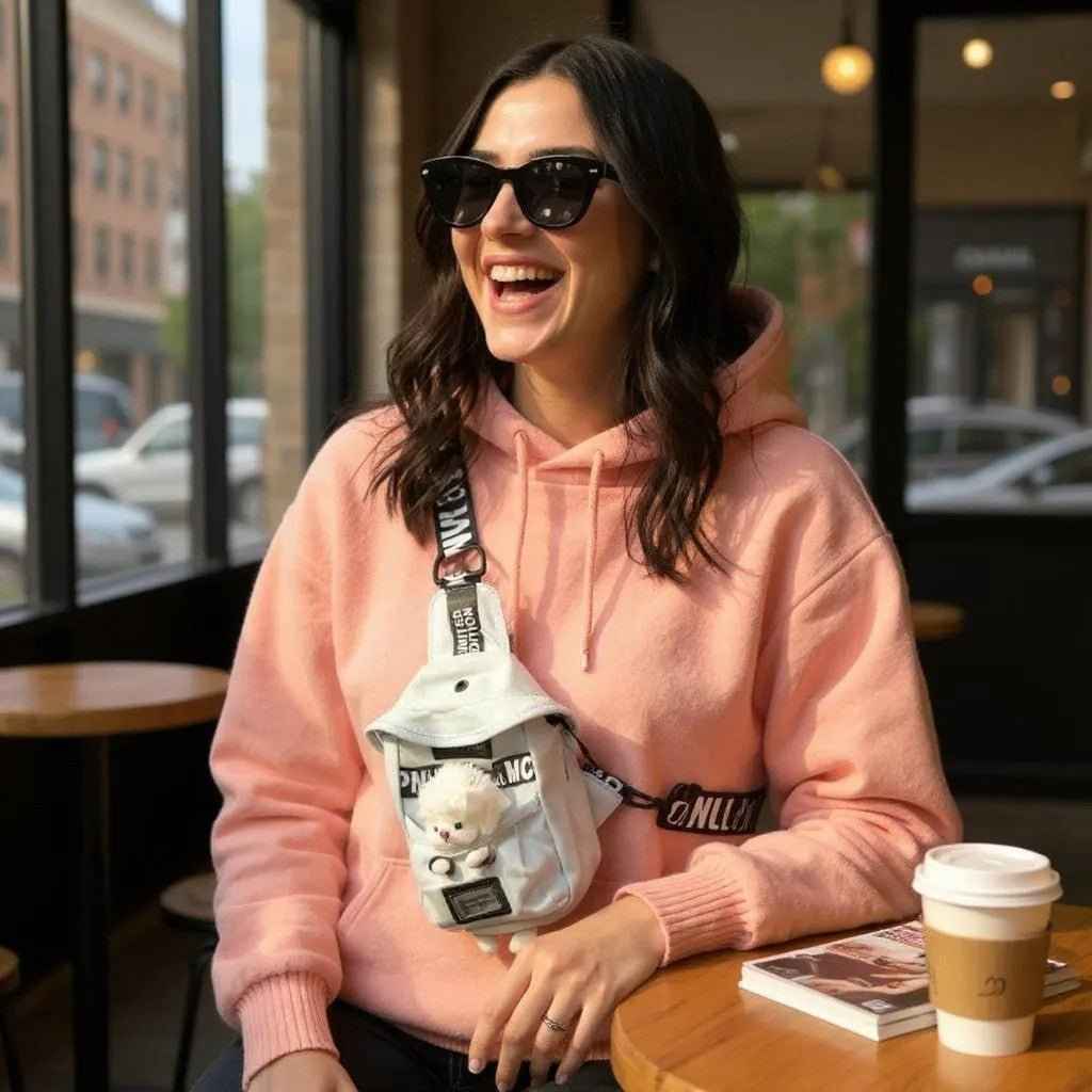 Sea Dragon Dreams kawaii denim crossbody sling bag with sheep charm worn by a smiling woman in a pink hoodie