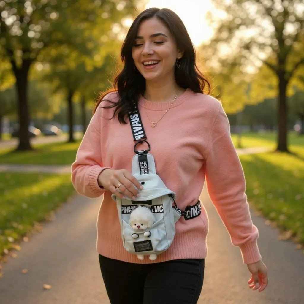Sea Dragon Dreams kawaii denim crossbody bag with sheep charm worn by a smiling woman in a park