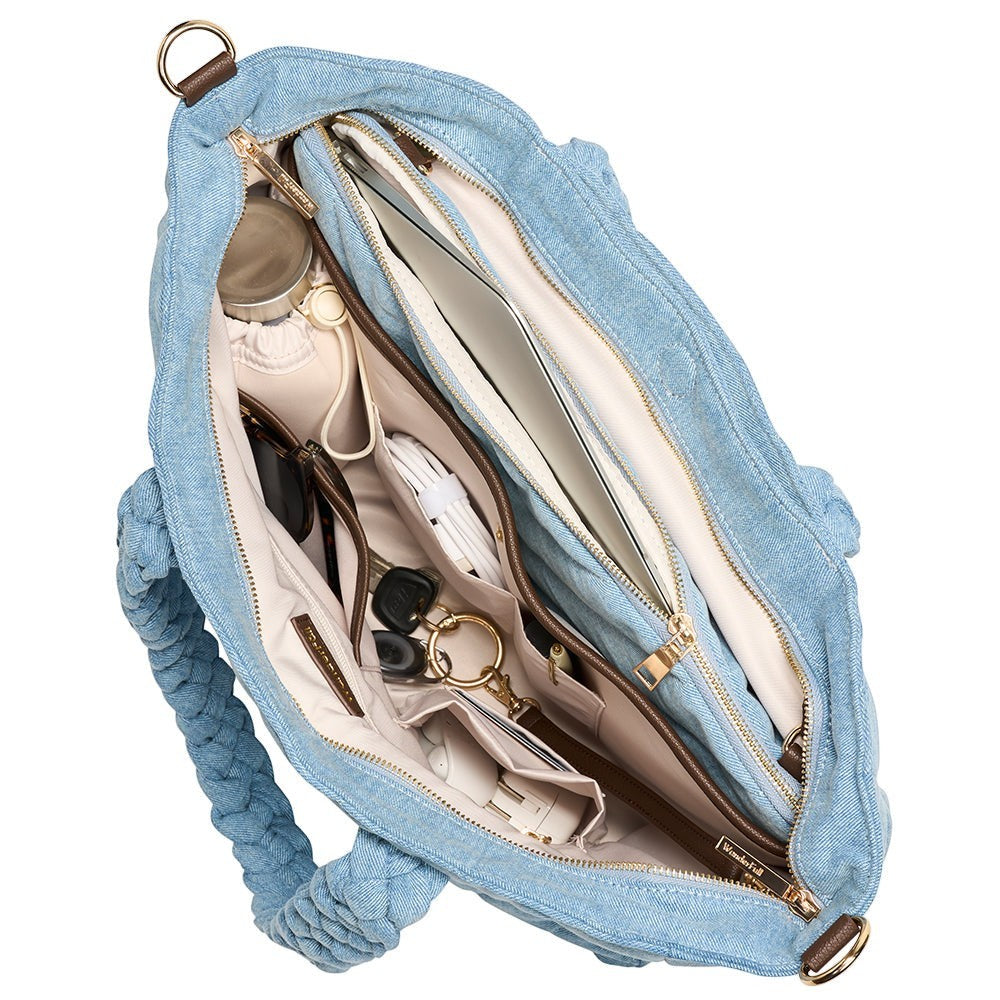 Sea Dragon Dreams denim quilted HydroTote bag interior view showing organized laptop sleeve and water bottle pocket