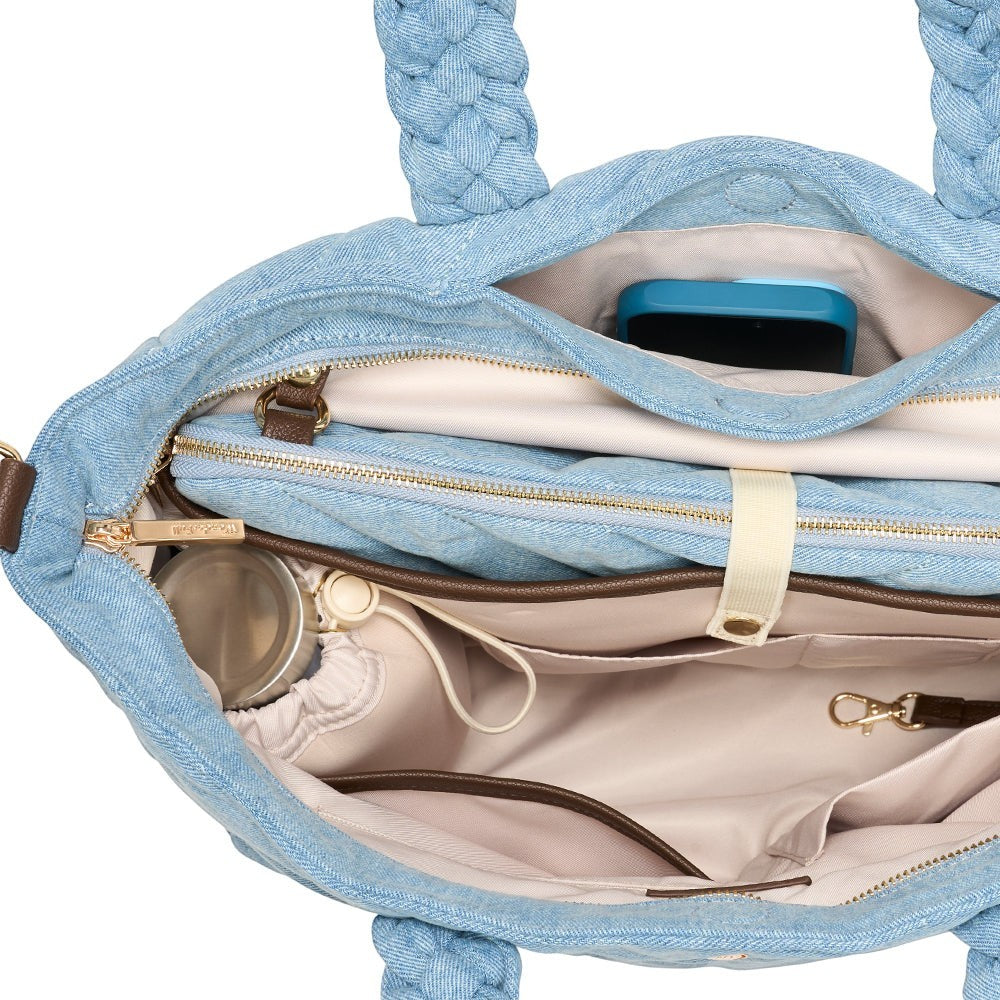 Sea Dragon Dreams denim quilted HydroTote interior view showing organized pockets, laptop sleeve, and water bottle holder