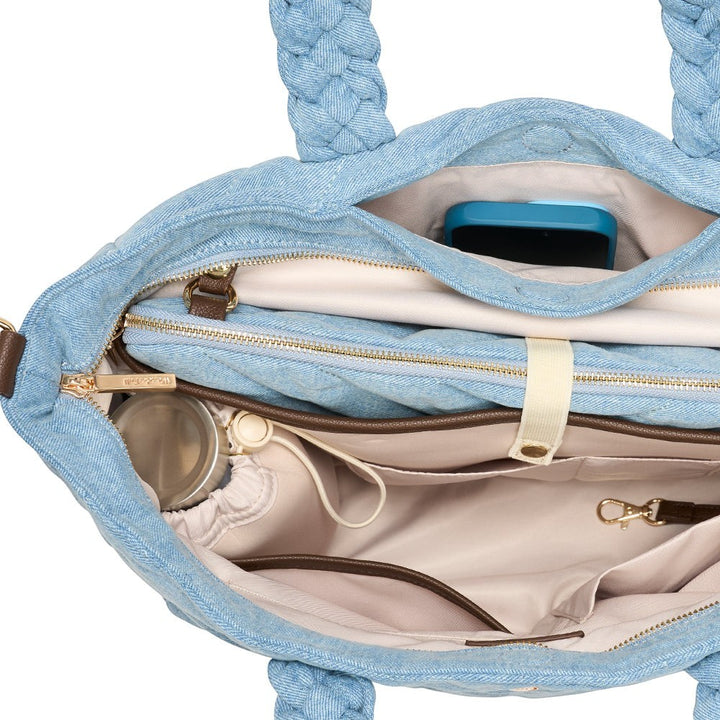 Sea Dragon Dreams denim quilted HydroTote interior view showing organized pockets, laptop sleeve, and water bottle holder