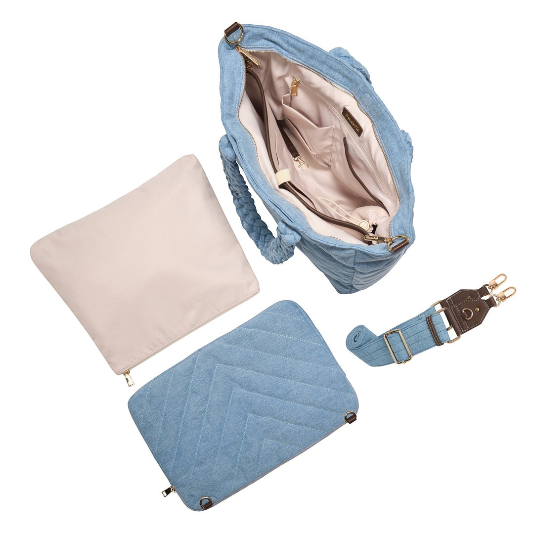 Sea Dragon Dreams denim quilted HydroTote bag with interior pockets, matching laptop sleeve, and detachable strap.