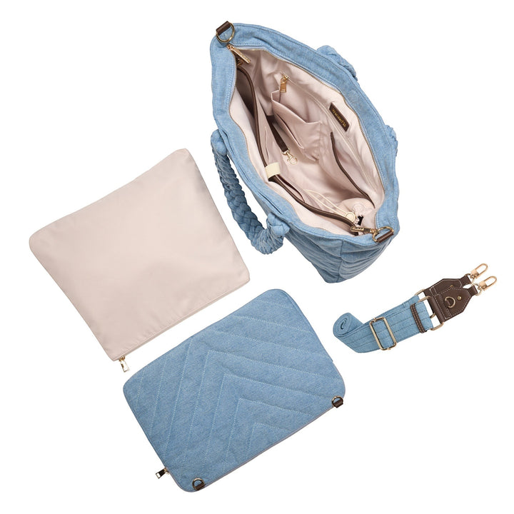 Sea Dragon Dreams denim quilted HydroTote bag with interior pockets, matching laptop sleeve, and detachable strap.