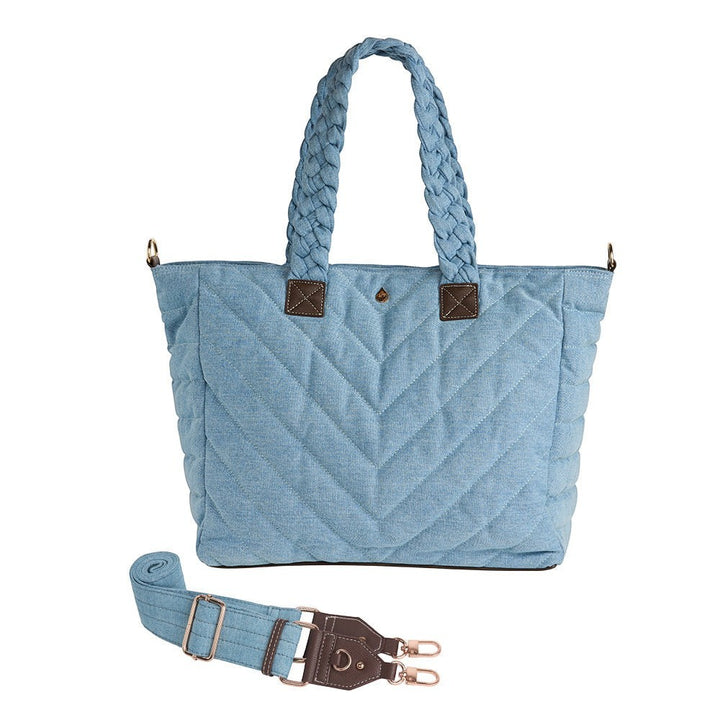Sea Dragon Dreams light blue quilted denim HydroTote bag with braided handles and detachable shoulder strap