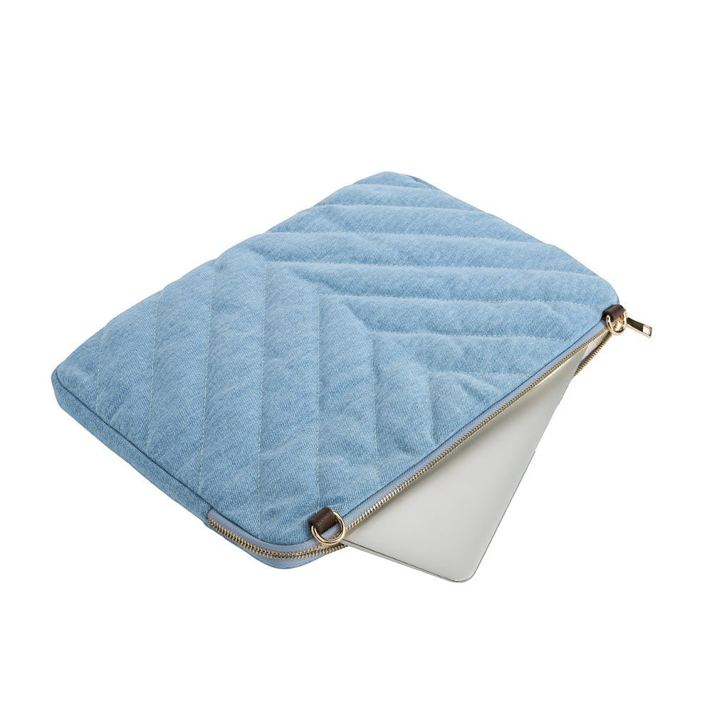 Sea Dragon Dreams quilted light blue denim laptop sleeve with gold zipper and internal padded protection