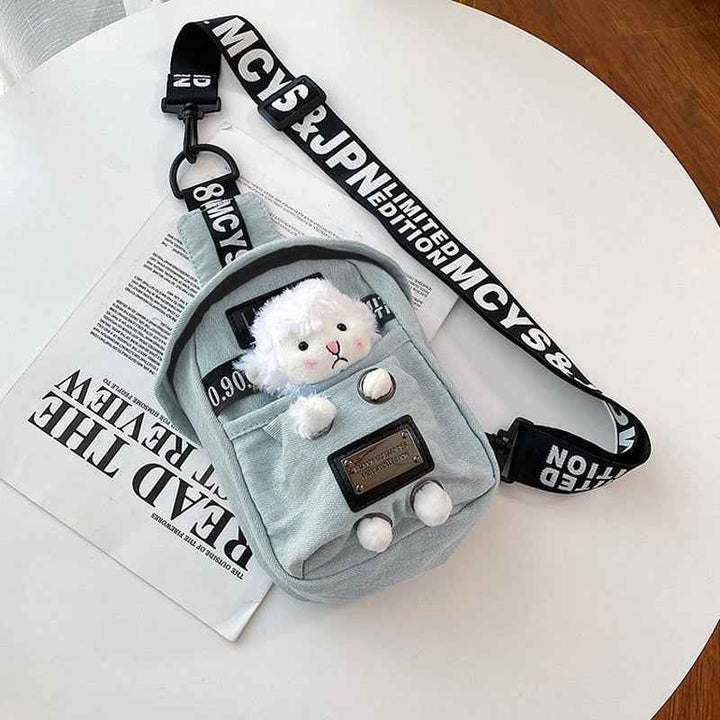Sea Dragon Dreams kawaii denim crossbody sling bag with a cute sheep charm and adjustable logo strap