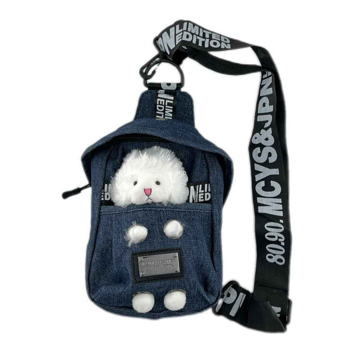 Sea Dragon Dreams kawaii denim crossbody sling bag with a cute sheep plush charm and adjustable logo strap